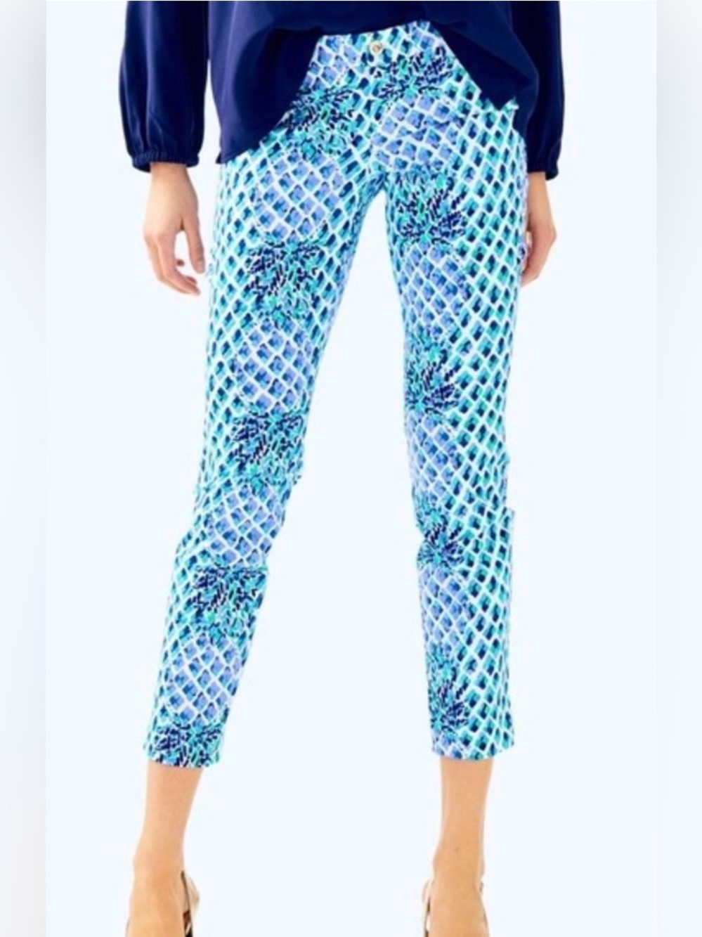 LILLY PULITZER KELLY TEXTURED ANKLE PANT IN TOE IN PINEAPPLE PRINT, SIZE 10.
